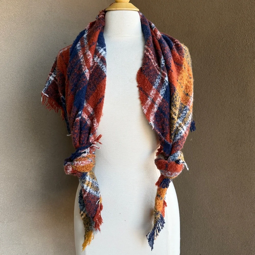 Plaid Fringe Shawl/Blanket scarf in earth tone rust, navy and gold